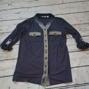 Susan Graver Gray Velour Velvet Trim Button Up Roll Tab Tunic Shirt S